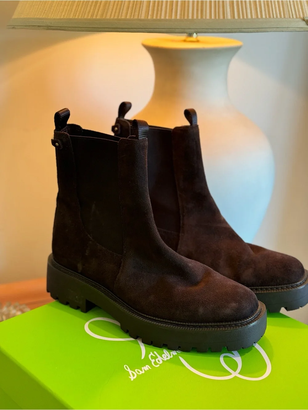 Sam Edelman Suede Chelsea Lug Booties in Dark Brown